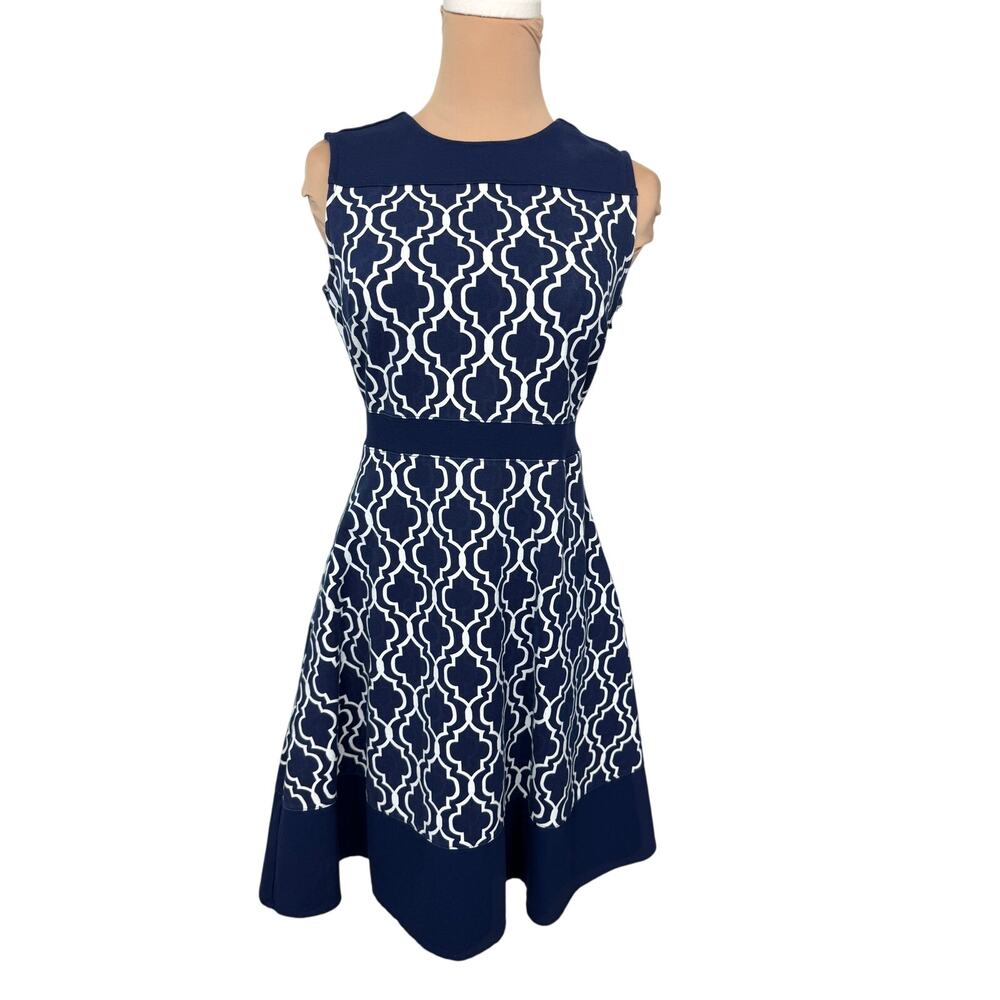 Lands’ End Fit & Flare 4p Dress Navy White Geometric Print  * See info